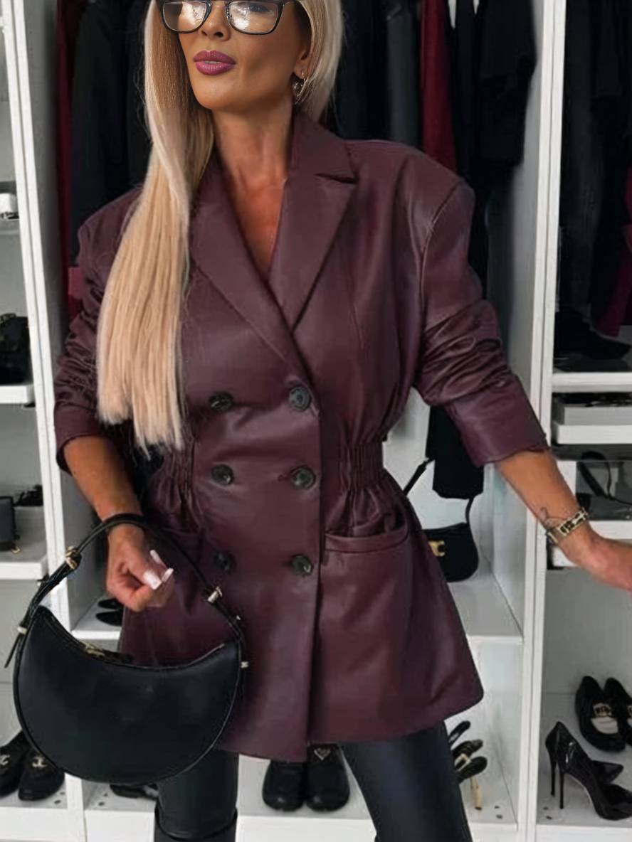 Levoire | Veste En Cuir Artificiel À Double Boutonnage À Manches Longues Mode De Loisirs Élégante Pour Femmes Bordeaux