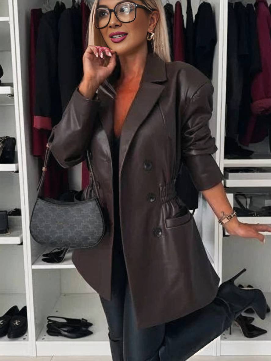 Levoire | Veste En Cuir Artificiel À Double Boutonnage À Manches Longues Mode De Loisirs Élégante Pour Femmes Braun