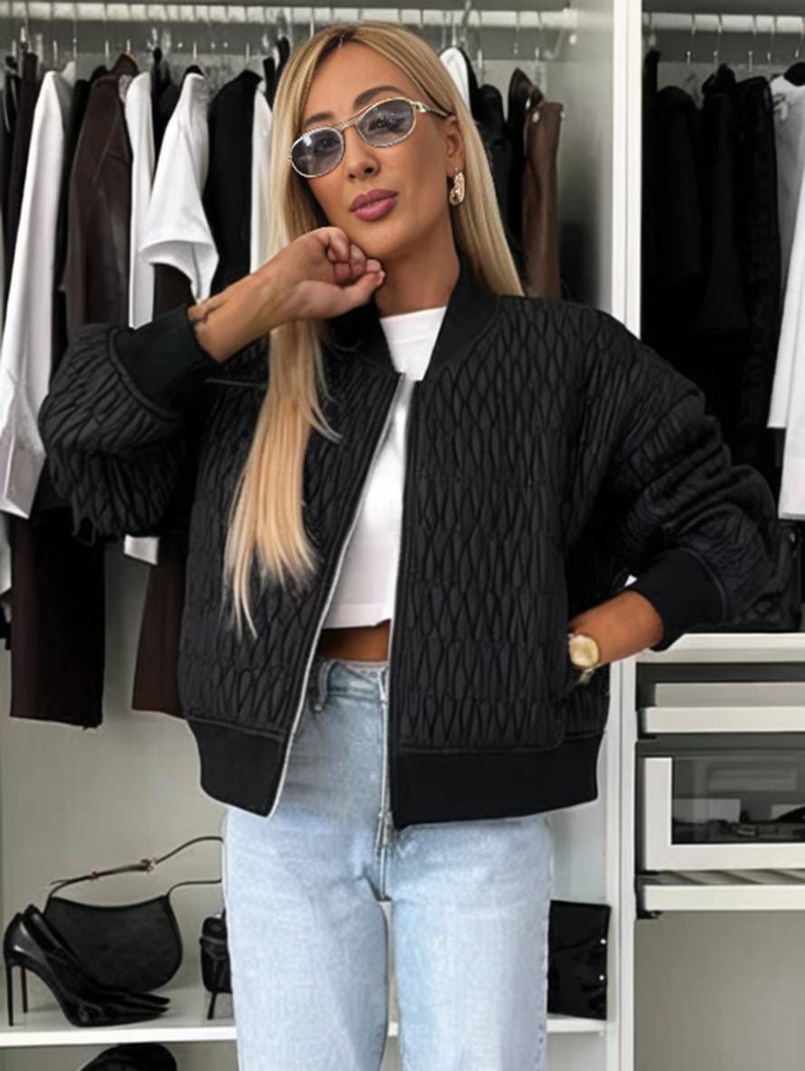 Levoire | Veste Courte Unie Fermeture Éclair Poches Col Montant Manches Évêque Femme Élégante Décontractée Manteau Noir