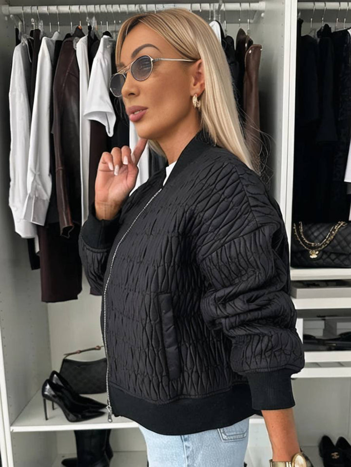 Levoire | Veste Courte Unie Fermeture Éclair Poches Col Montant Manches Évêque Femme Élégante Décontractée Manteau