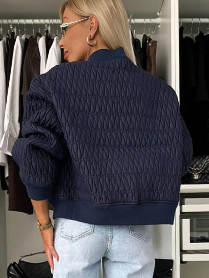 Levoire | Veste Courte Unie Fermeture Éclair Poches Col Montant Manches Évêque Femme Élégante Décontractée Manteau
