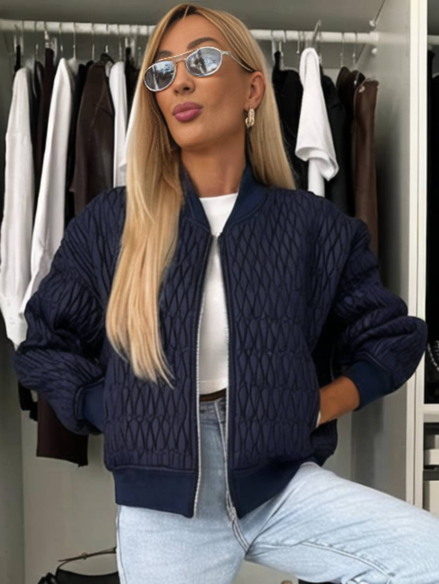 Levoire | Veste Courte Unie Fermeture Éclair Poches Col Montant Manches Évêque Femme Élégante Décontractée Manteau