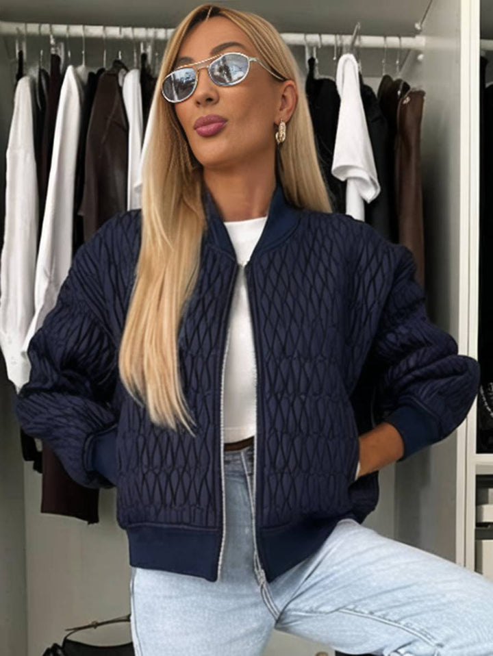 Levoire | Veste Courte Unie Fermeture Éclair Poches Col Montant Manches Évêque Femme Élégante Décontractée Manteau
