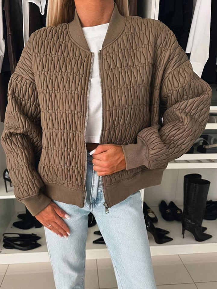 Levoire | Veste Courte Unie Fermeture Éclair Poches Col Montant Manches Évêque Femme Élégante Décontractée Manteau Café