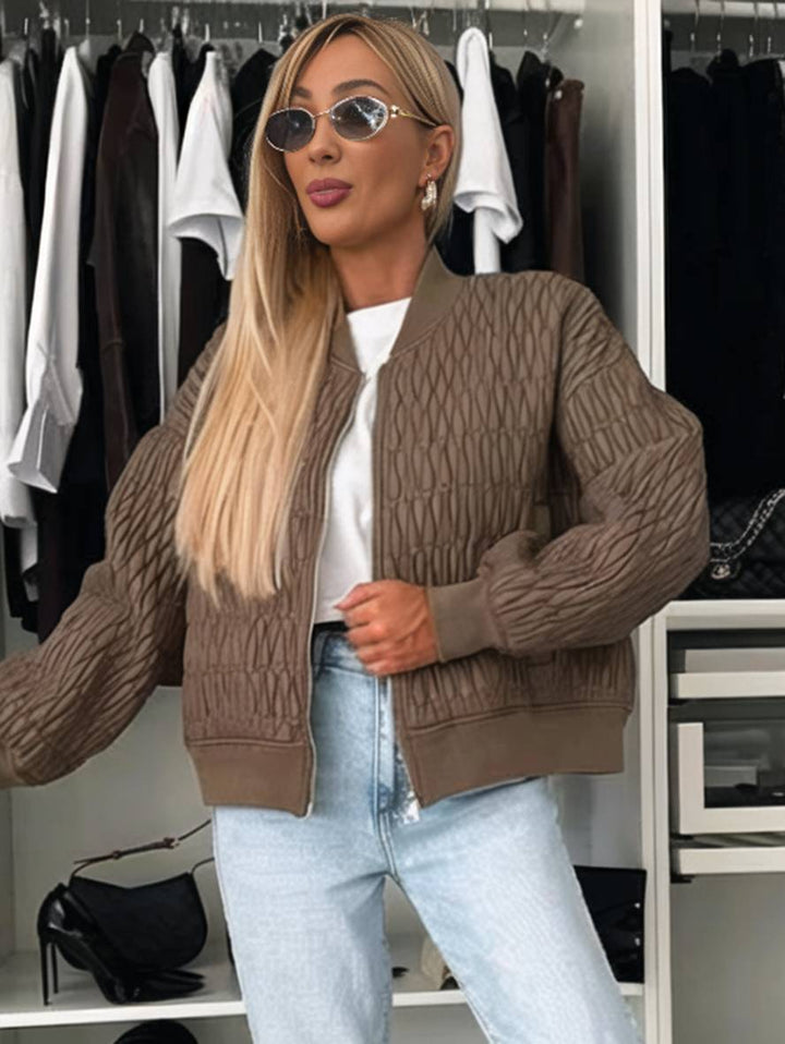 Levoire | Veste Courte Unie Fermeture Éclair Poches Col Montant Manches Évêque Femme Élégante Décontractée Manteau