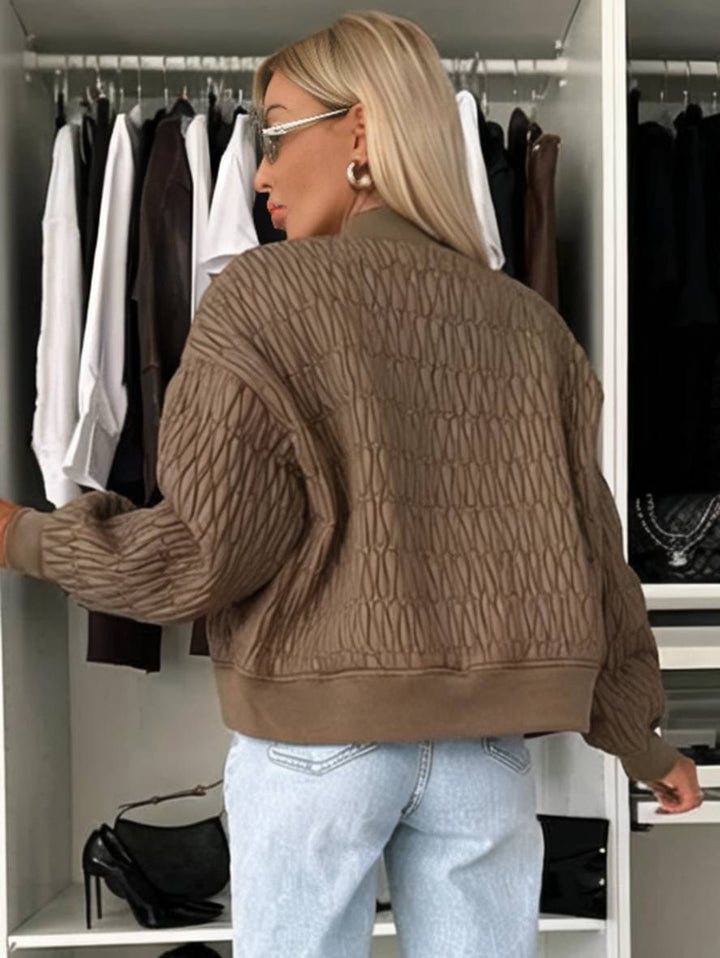 Levoire | Veste Courte Unie Fermeture Éclair Poches Col Montant Manches Évêque Femme Élégante Décontractée Manteau