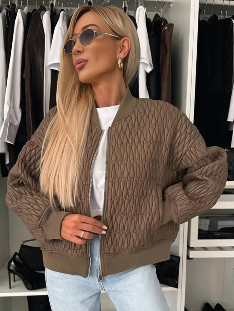 Levoire | Veste Courte Unie Fermeture Éclair Poches Col Montant Manches Évêque Femme Élégante Décontractée Manteau
