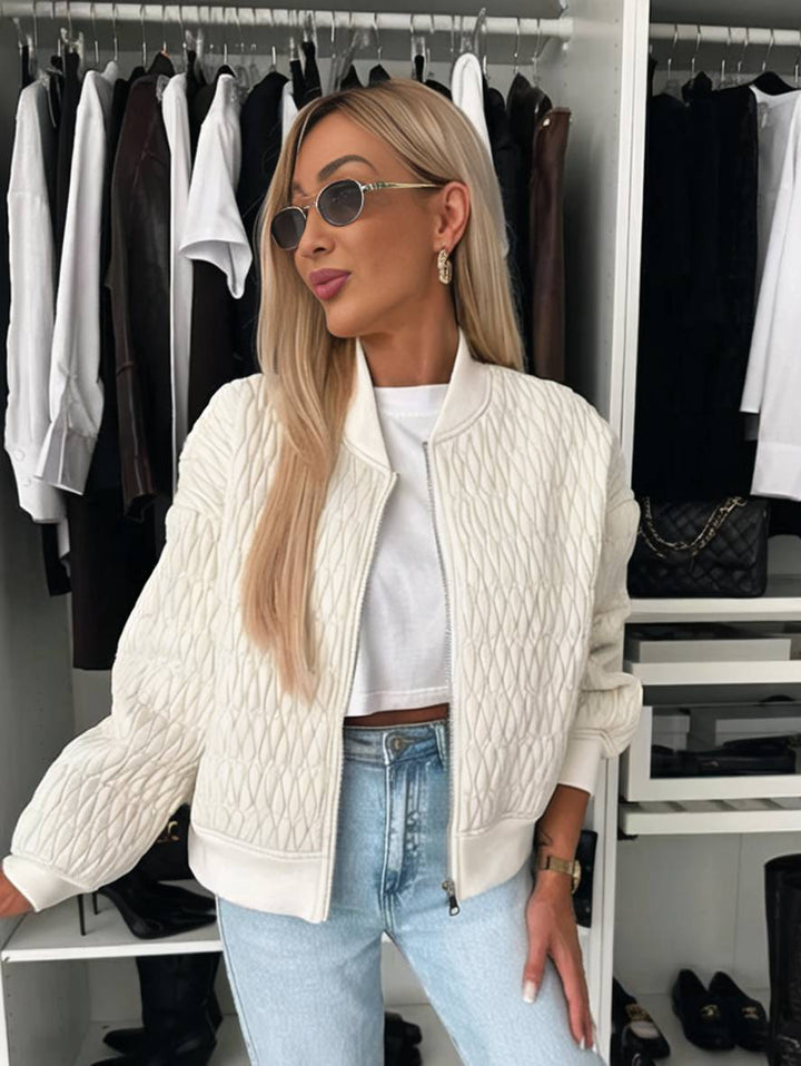 Levoire | Veste Courte Unie Fermeture Éclair Poches Col Montant Manches Évêque Femme Élégante Décontractée Manteau