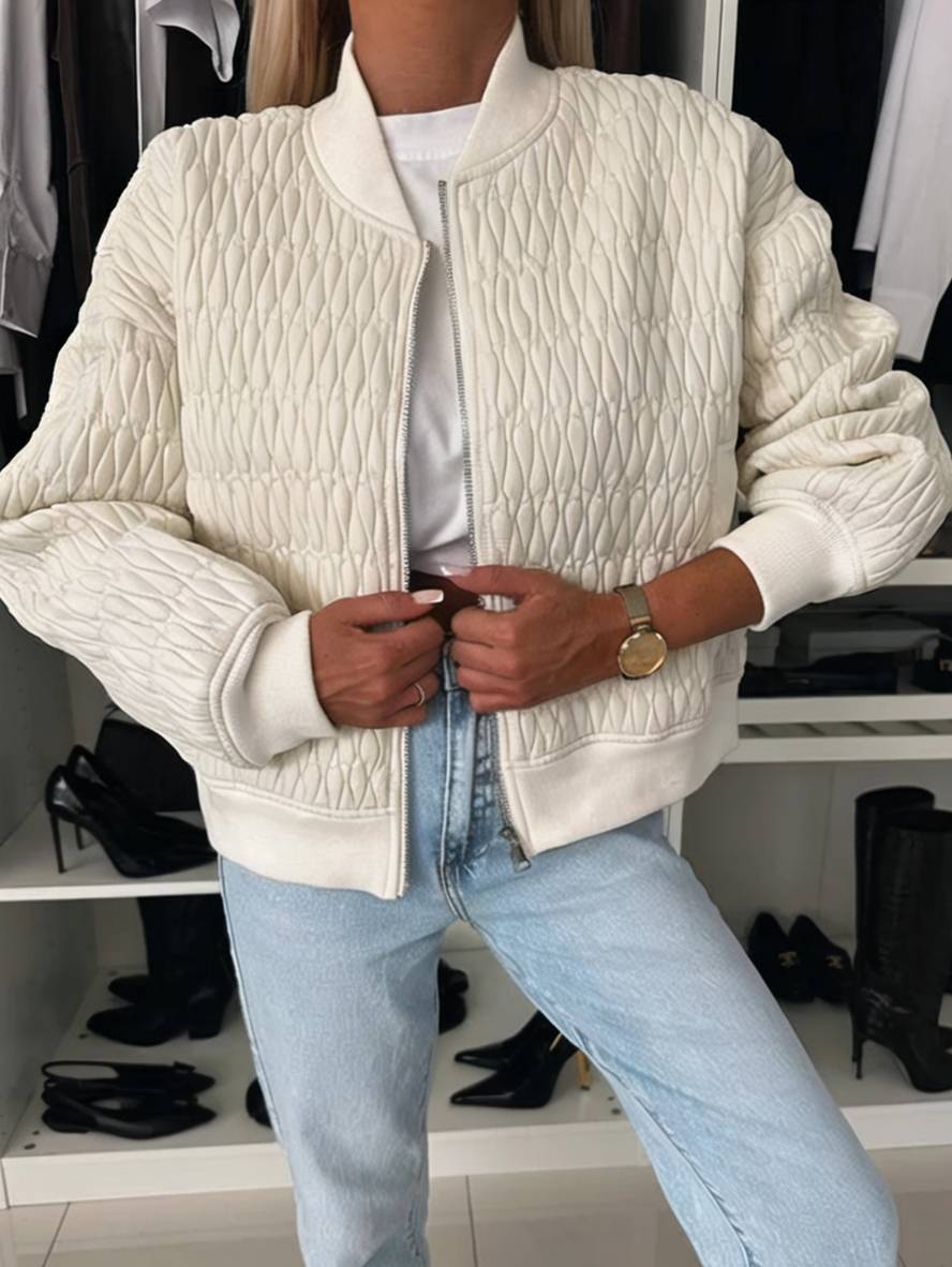 Levoire | Veste Courte Unie Fermeture Éclair Poches Col Montant Manches Évêque Femme Élégante Décontractée Manteau Abricot