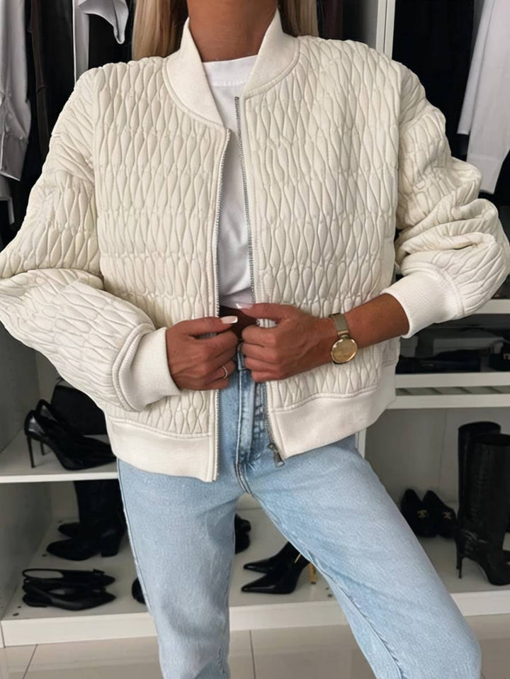 Levoire | Veste Courte Unie Fermeture Éclair Poches Col Montant Manches Évêque Femme Élégante Décontractée Manteau Abricot