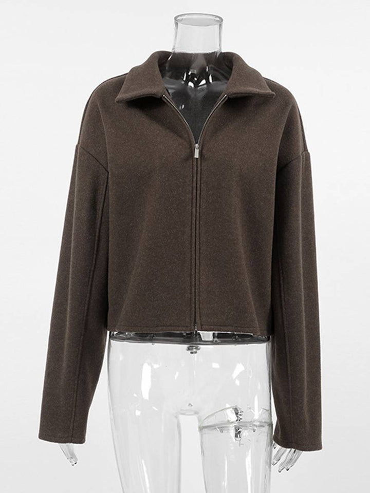 Levoire | Veste Courte Unie À Zip Polo À Manches Longues Femme Élégante Décontractée Mode Hiver Manteau