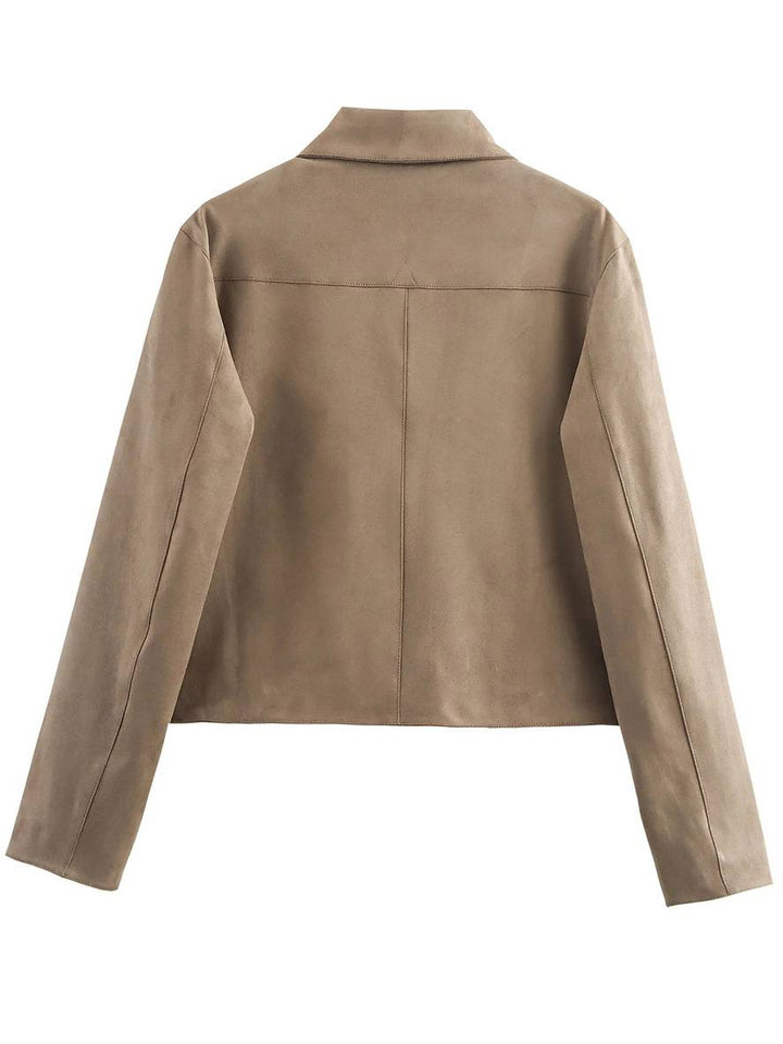 Levoire | Veste En Suede Courte Boutonnée Poches Polo Manches Longues Femme Vintage Décontracté