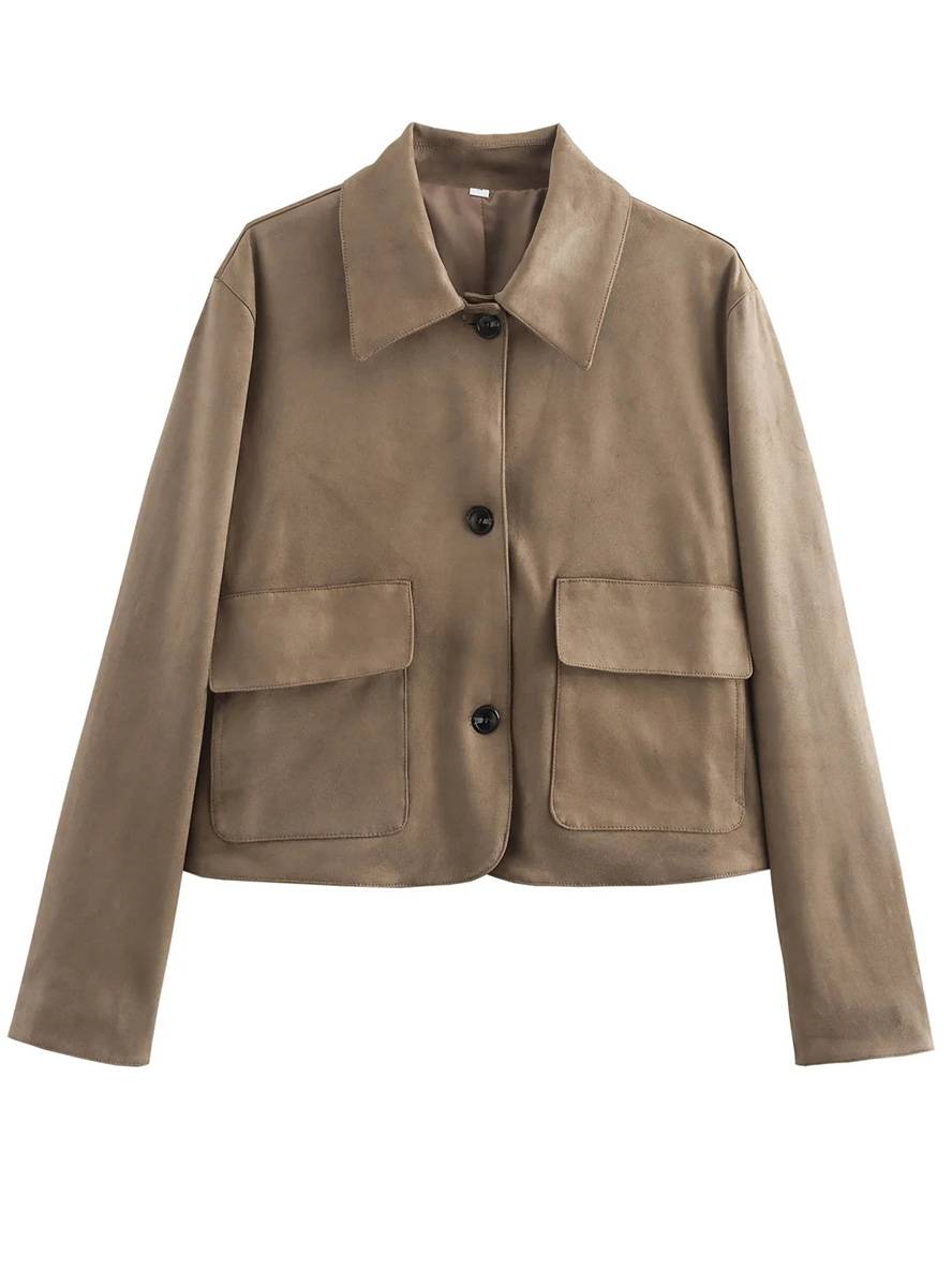 Levoire | Veste En Suede Courte Boutonnée Poches Polo Manches Longues Femme Vintage Décontracté