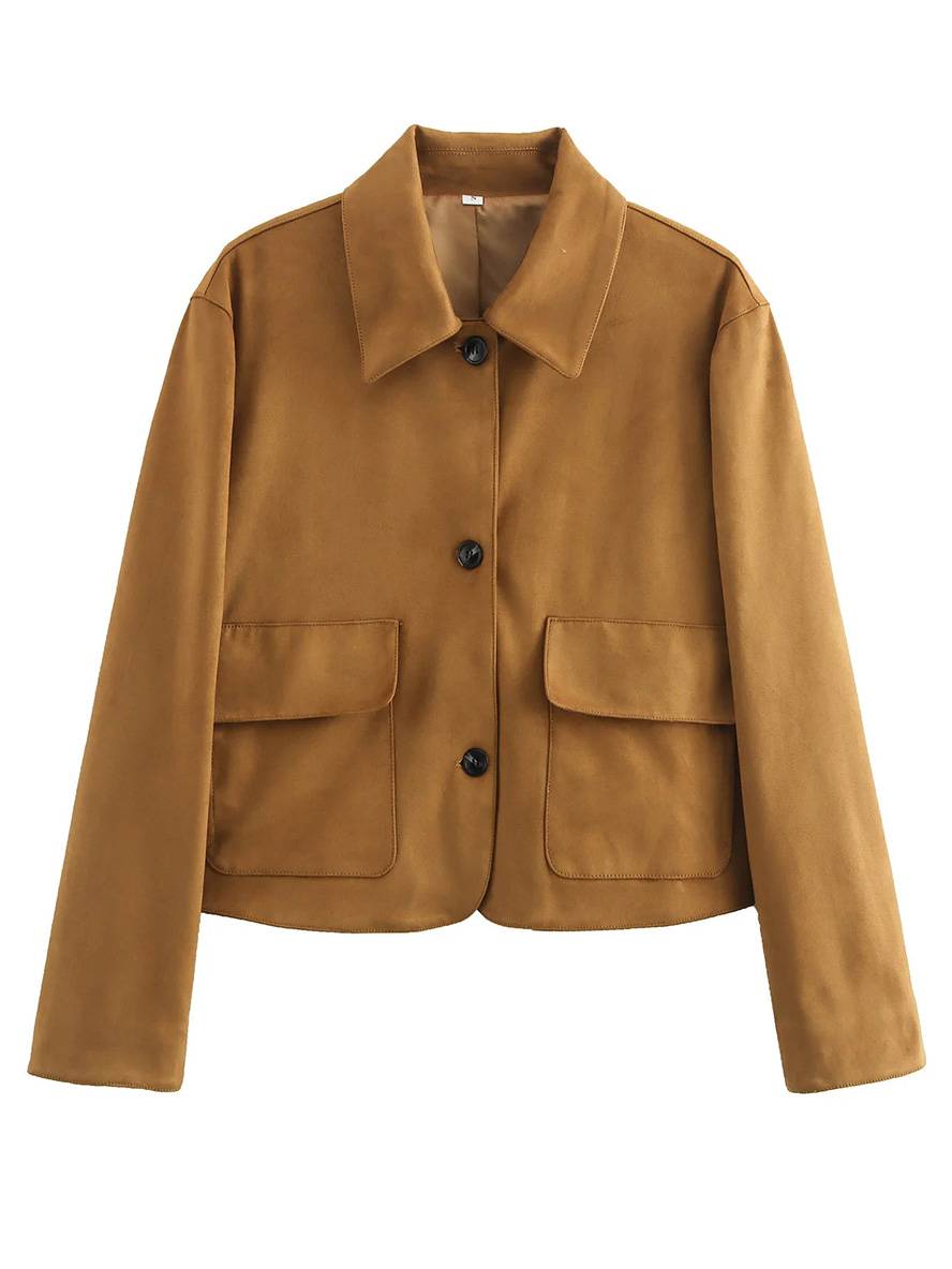 Levoire | Veste En Suede Courte Boutonnée Poches Polo Manches Longues Femme Vintage Décontracté Khaki