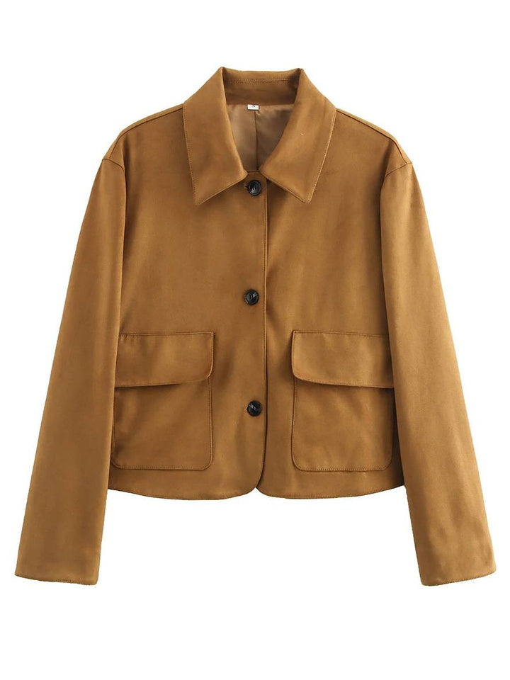 Levoire | Veste En Suede Courte Boutonnée Poches Polo Manches Longues Femme Vintage Décontracté Khaki