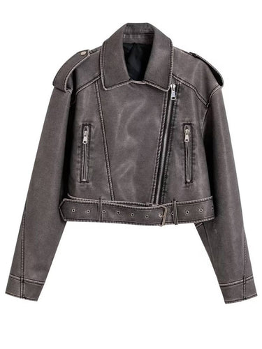 Levoire | Veste Femme Cuir Short Perfecto Zippée Poches Ceinture Boucle Chunky Revers Casual