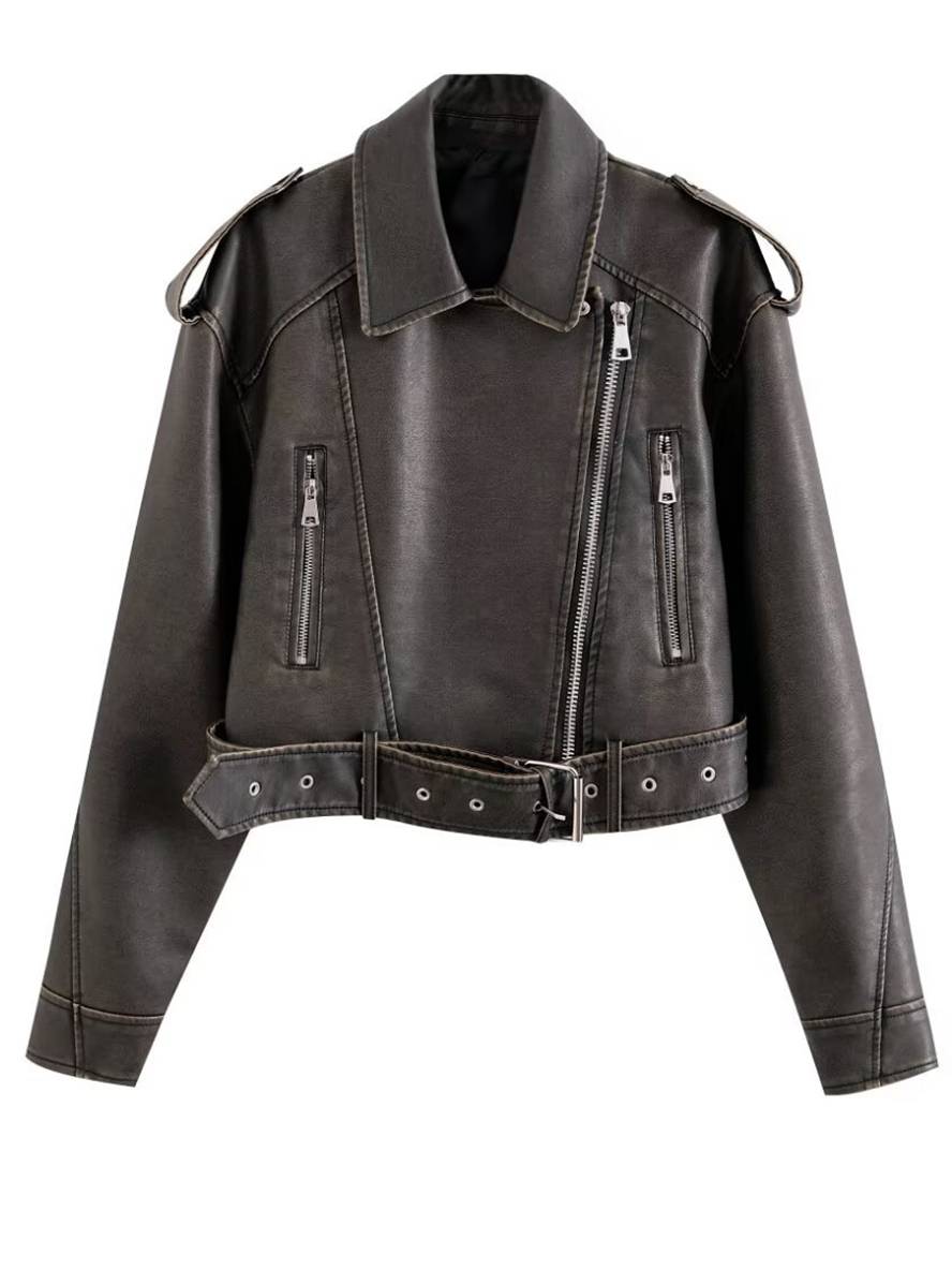 Levoire | Veste Femme Cuir Short Perfecto Zippée Poches Ceinture Boucle Chunky Revers Casual Braun