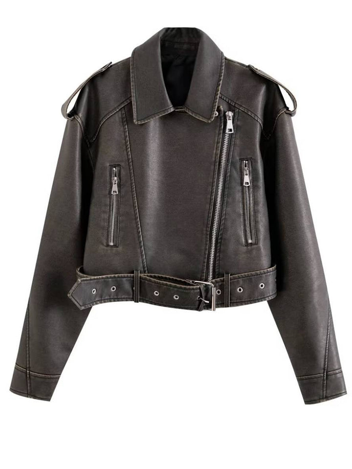 Levoire | Veste Femme Cuir Short Perfecto Zippée Poches Ceinture Boucle Chunky Revers Casual Braun