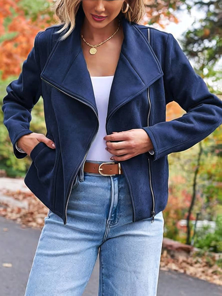 Levoire | Veste En Daim Parfaite En Suedine Avec Poches Zippées Col À Revers Manches Longues Femme Mode Décontractée