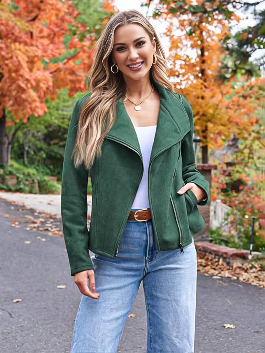 Levoire | Veste En Daim Parfaite En Suedine Avec Poches Zippées Col À Revers Manches Longues Femme Mode Décontractée Vert