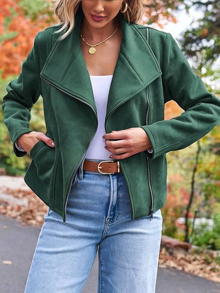 Levoire | Veste En Daim Parfaite En Suedine Avec Poches Zippées Col À Revers Manches Longues Femme Mode Décontractée
