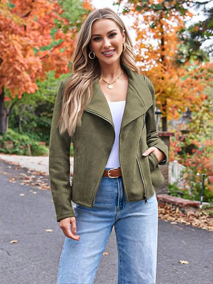 Levoire | Veste En Daim Parfaite En Suedine Avec Poches Zippées Col À Revers Manches Longues Femme Mode Décontractée Vert olive