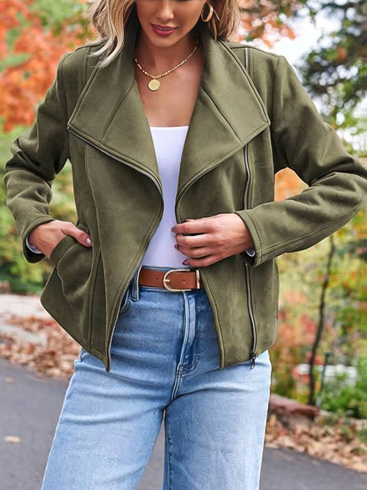Levoire | Veste En Daim Parfaite En Suedine Avec Poches Zippées Col À Revers Manches Longues Femme Mode Décontractée