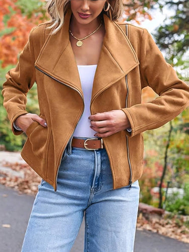 Levoire | Veste En Daim Parfaite En Suedine Avec Poches Zippées Col À Revers Manches Longues Femme Mode Décontractée