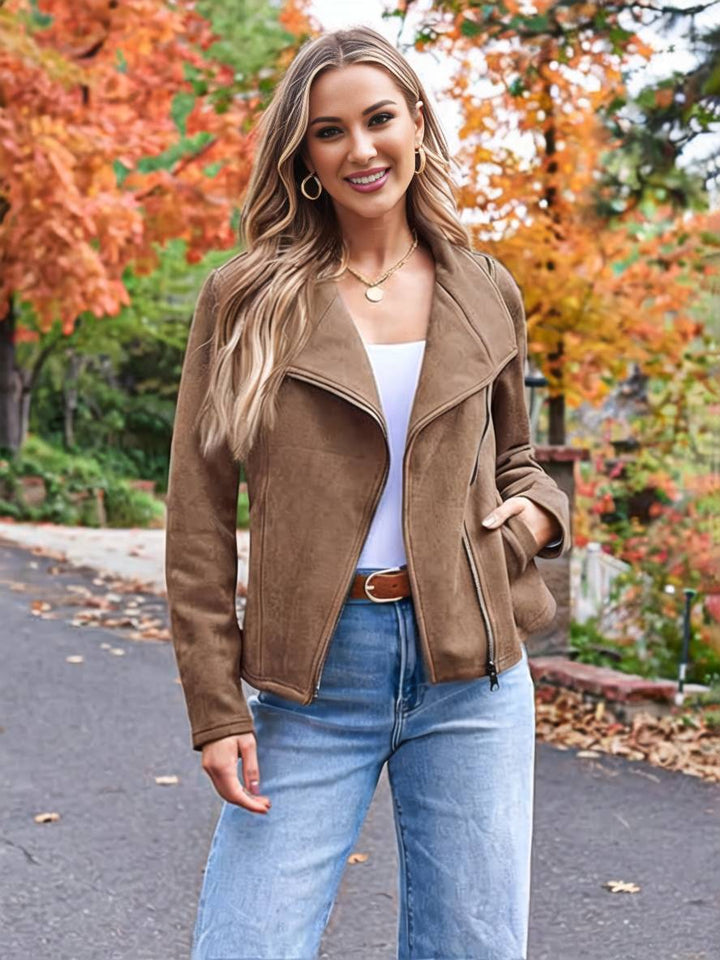 Levoire | Veste En Daim Parfaite En Suedine Avec Poches Zippées Col À Revers Manches Longues Femme Mode Décontractée Chameau