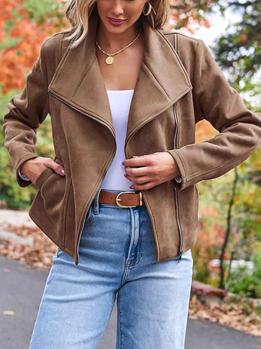 Levoire | Veste En Daim Parfaite En Suedine Avec Poches Zippées Col À Revers Manches Longues Femme Mode Décontractée