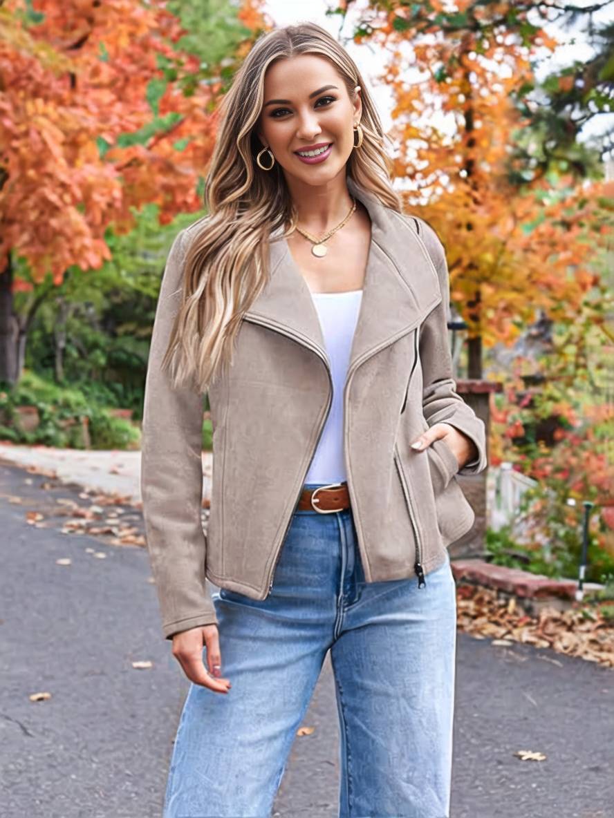 Levoire | Veste En Daim Parfaite En Suedine Avec Poches Zippées Col À Revers Manches Longues Femme Mode Décontractée Abricot