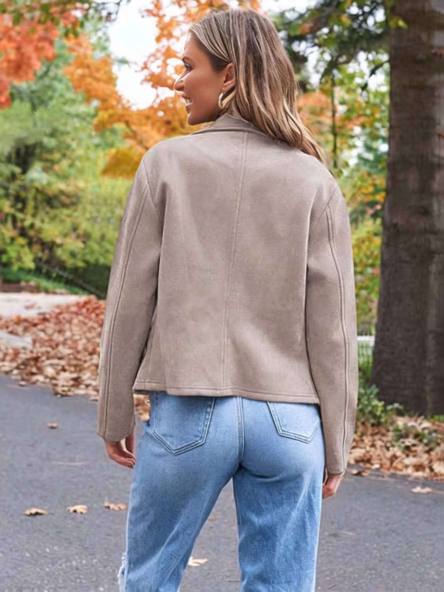 Levoire | Veste En Daim Parfaite En Suedine Avec Poches Zippées Col À Revers Manches Longues Femme Mode Décontractée