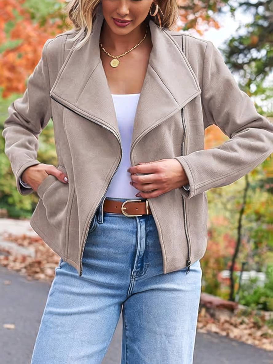 Levoire | Veste En Daim Parfaite En Suedine Avec Poches Zippées Col À Revers Manches Longues Femme Mode Décontractée