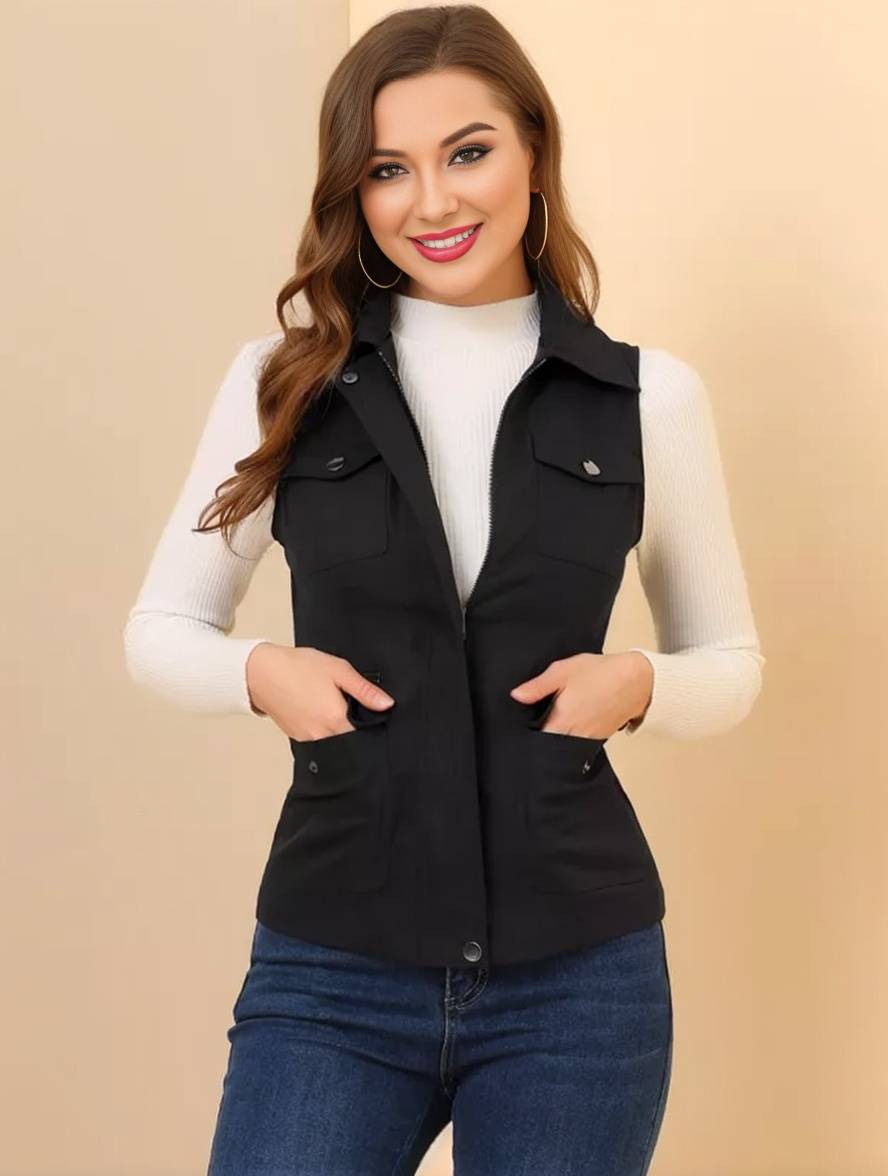 Levoire | Veste Sans Manches Courte Unie Avec Fermeture Éclair, Boutons, Poches Pour Femmes, Mode Décontractée
