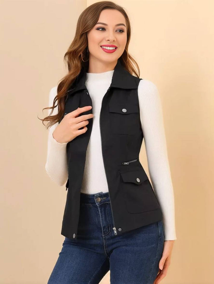 Levoire | Veste Sans Manches Courte Unie Avec Fermeture Éclair, Boutons, Poches Pour Femmes, Mode Décontractée Noir
