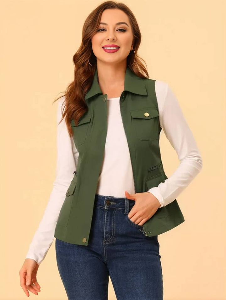 Levoire | Veste Sans Manches Courte Unie Avec Fermeture Éclair, Boutons, Poches Pour Femmes, Mode Décontractée Vert olive