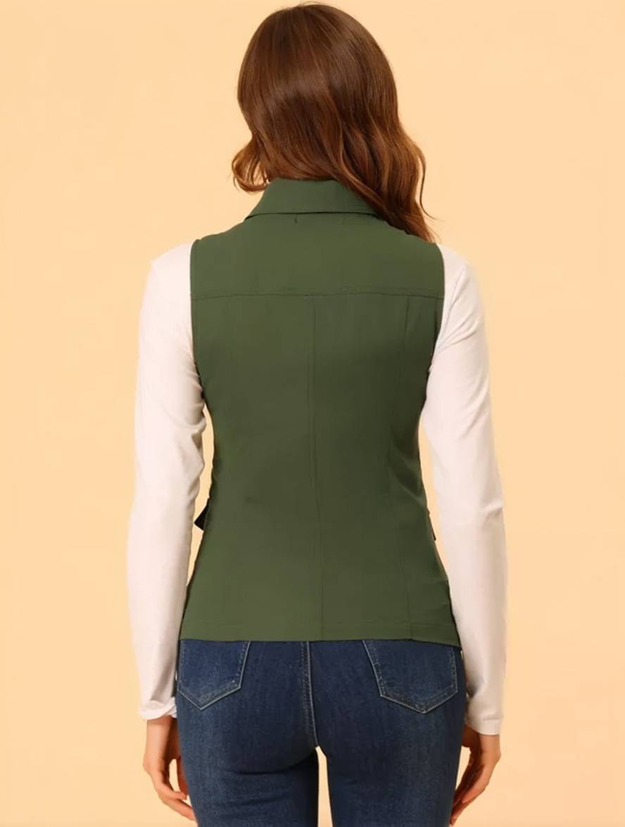 Levoire | Veste Sans Manches Courte Unie Avec Fermeture Éclair, Boutons, Poches Pour Femmes, Mode Décontractée