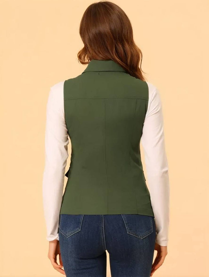Levoire | Veste Sans Manches Courte Unie Avec Fermeture Éclair, Boutons, Poches Pour Femmes, Mode Décontractée