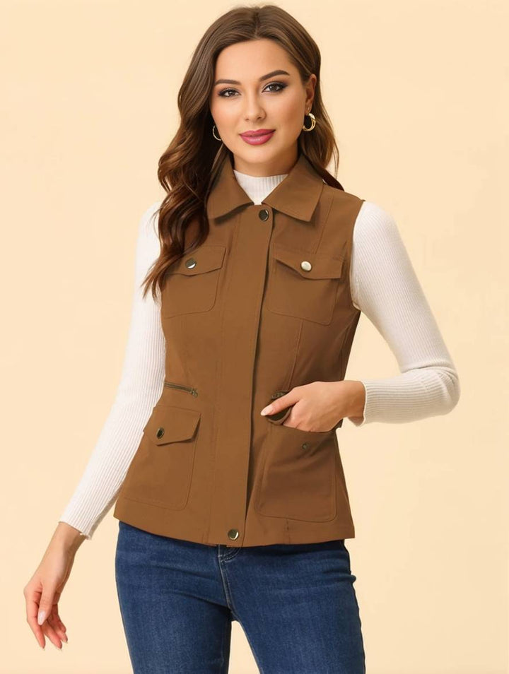 Levoire | Veste Sans Manches Courte Unie Avec Fermeture Éclair, Boutons, Poches Pour Femmes, Mode Décontractée Jaune