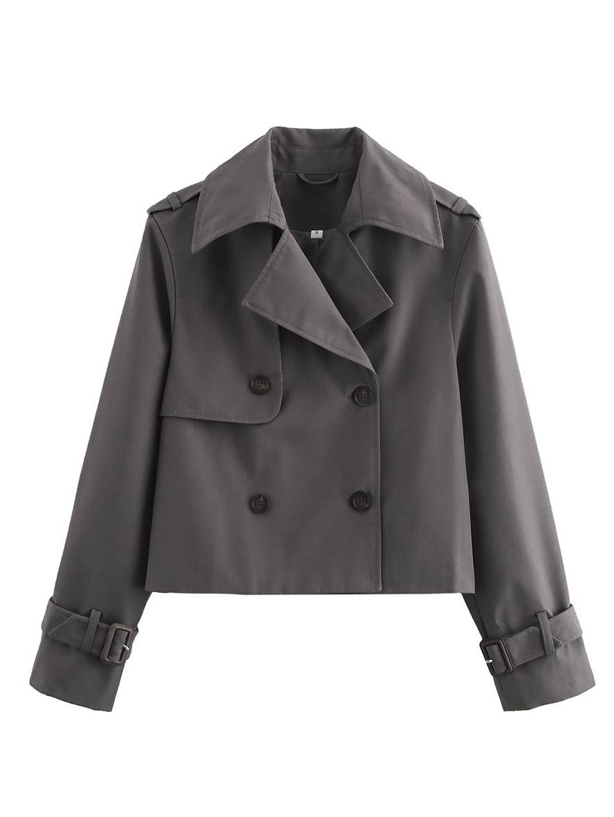 Levoire | Veste Caban Courte Unie À Double Boutonnage Poches Manches Longues Pour Femmes Élégant Décontracté Gris