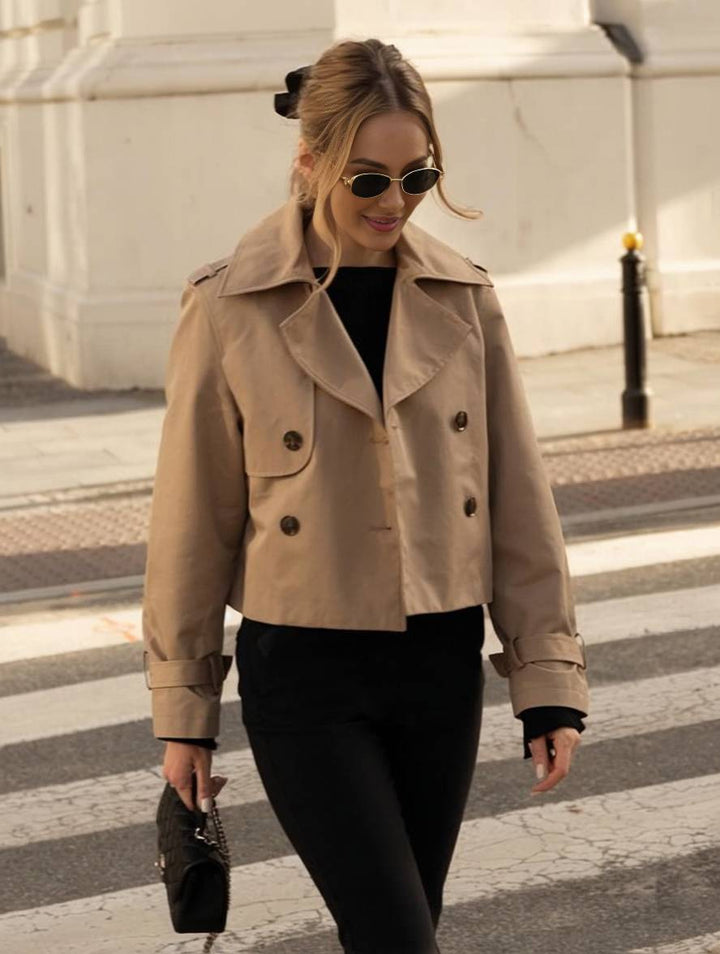 Levoire | Veste Caban Courte Unie À Double Boutonnage Poches Manches Longues Pour Femmes Élégant Décontracté Khaki