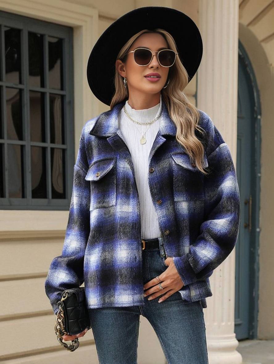 Levoire | Chemise Overshirt Dame Carre Boutons Poches Col À Revers Décontracté Veste Ample Bleu