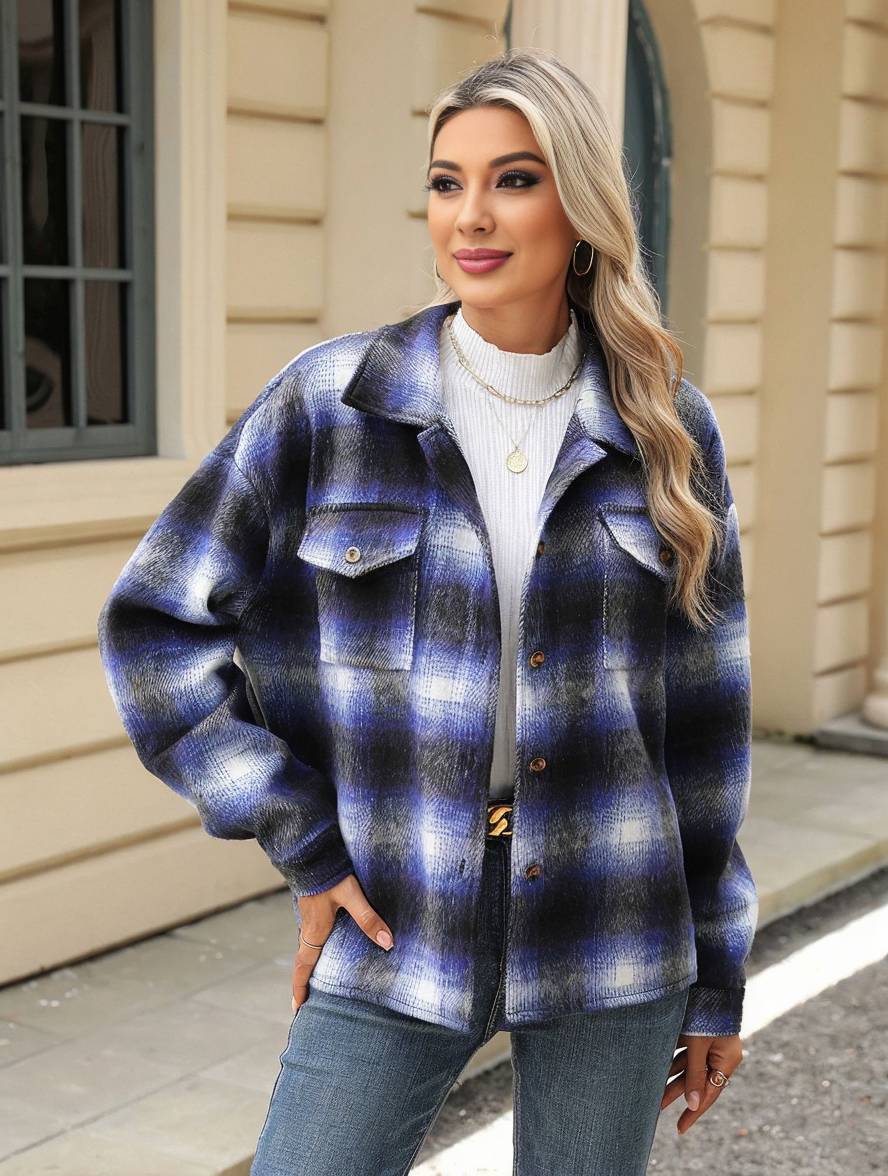 Levoire | Chemise Overshirt Dame Carre Boutons Poches Col À Revers Décontracté Veste Ample