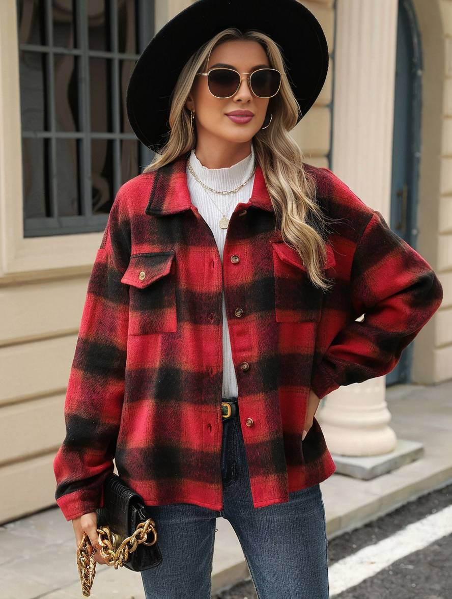 Levoire | Chemise Overshirt Dame Carre Boutons Poches Col À Revers Décontracté Veste Ample Rot
