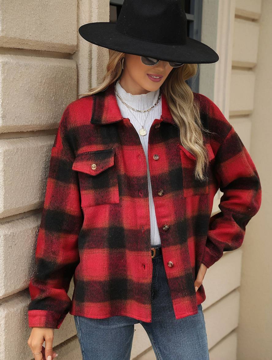 Levoire | Chemise Overshirt Dame Carre Boutons Poches Col À Revers Décontracté Veste Ample