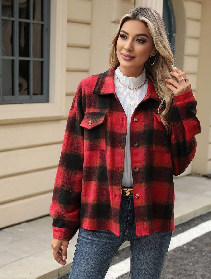 Levoire | Chemise Overshirt Dame Carre Boutons Poches Col À Revers Décontracté Veste Ample