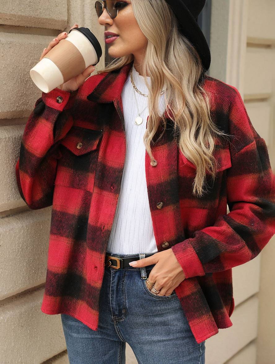 Levoire | Chemise Overshirt Dame Carre Boutons Poches Col À Revers Décontracté Veste Ample