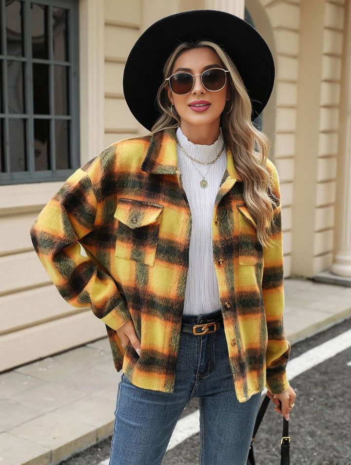 Levoire | Chemise Overshirt Dame Carre Boutons Poches Col À Revers Décontracté Veste Ample Jaune