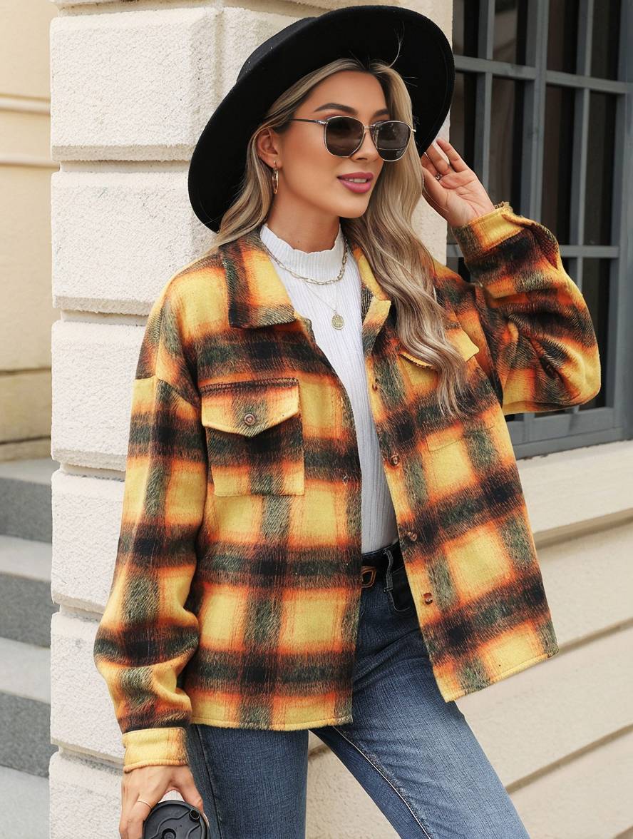 Levoire | Chemise Overshirt Dame Carre Boutons Poches Col À Revers Décontracté Veste Ample