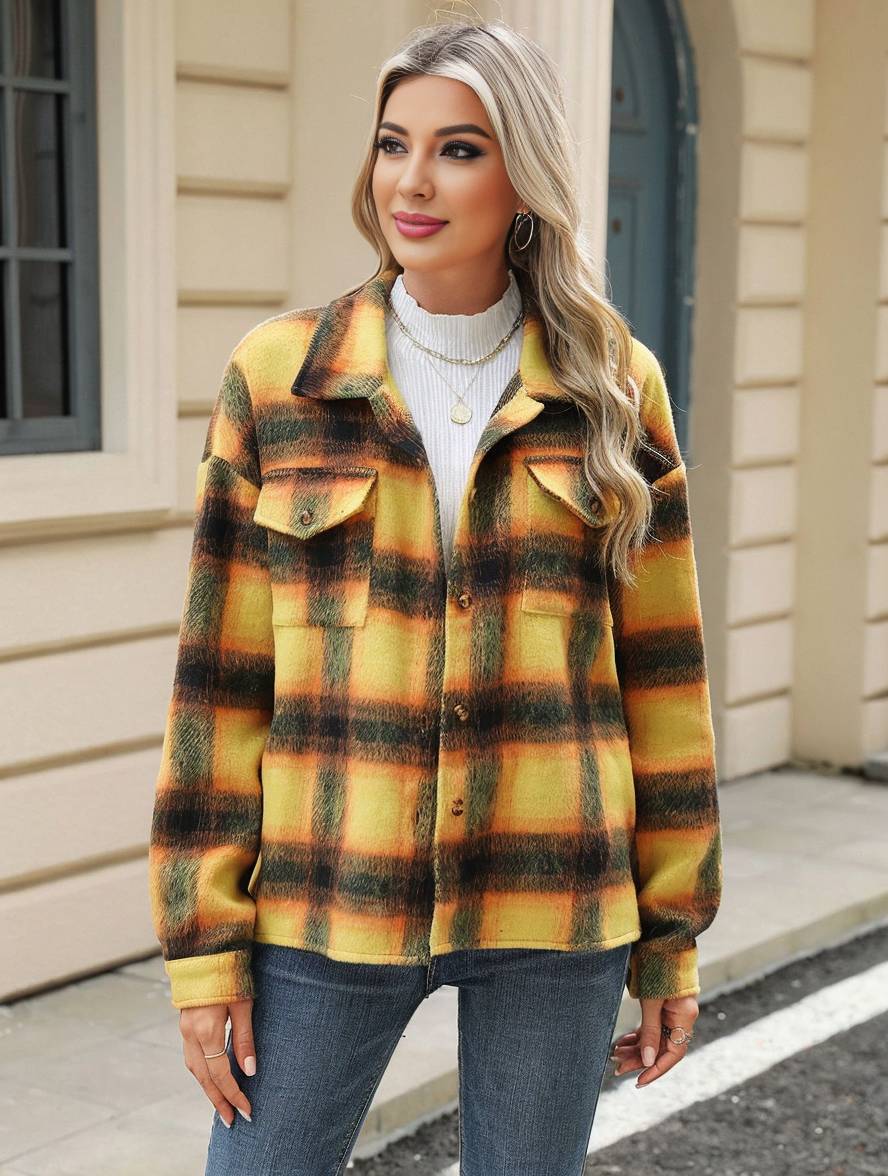 Levoire | Chemise Overshirt Dame Carre Boutons Poches Col À Revers Décontracté Veste Ample